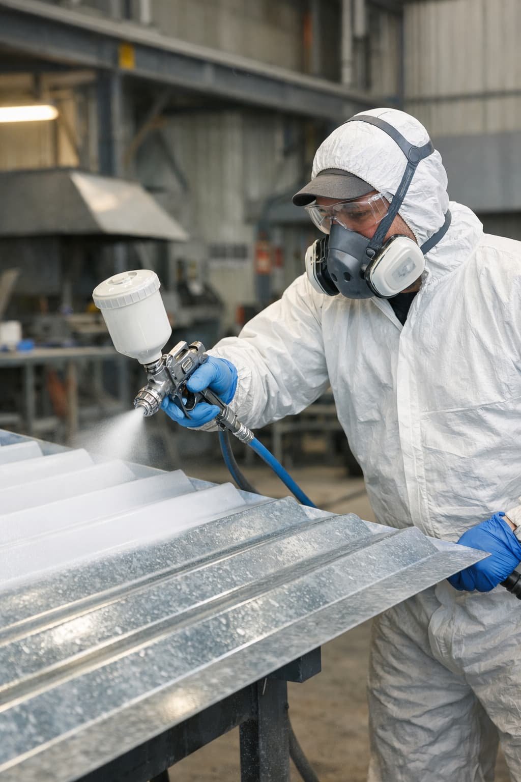 Специалист красит оцинкованный металл в цеху с помощью краскопульта